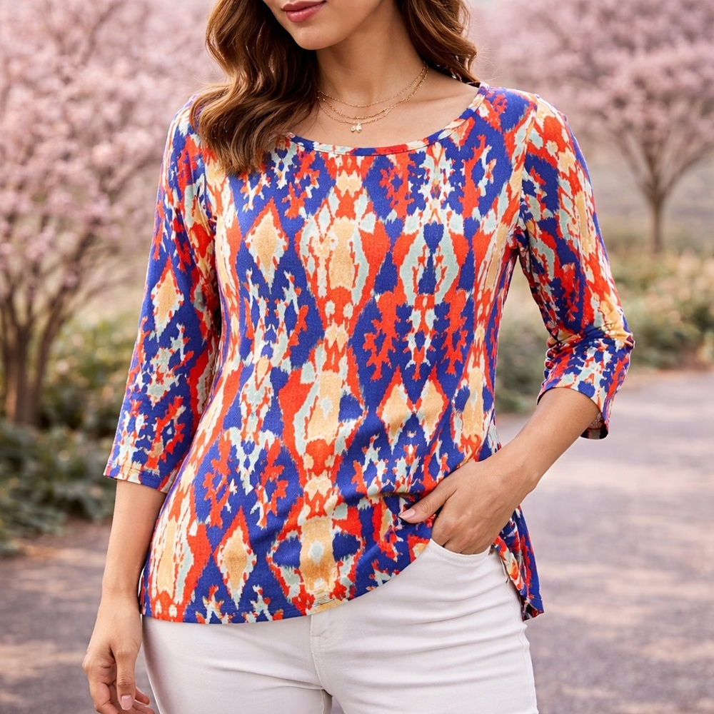 Jones New York Geometric Print Top | Blue Red 3/4 Sleeve 100% Cotton Size M NWT